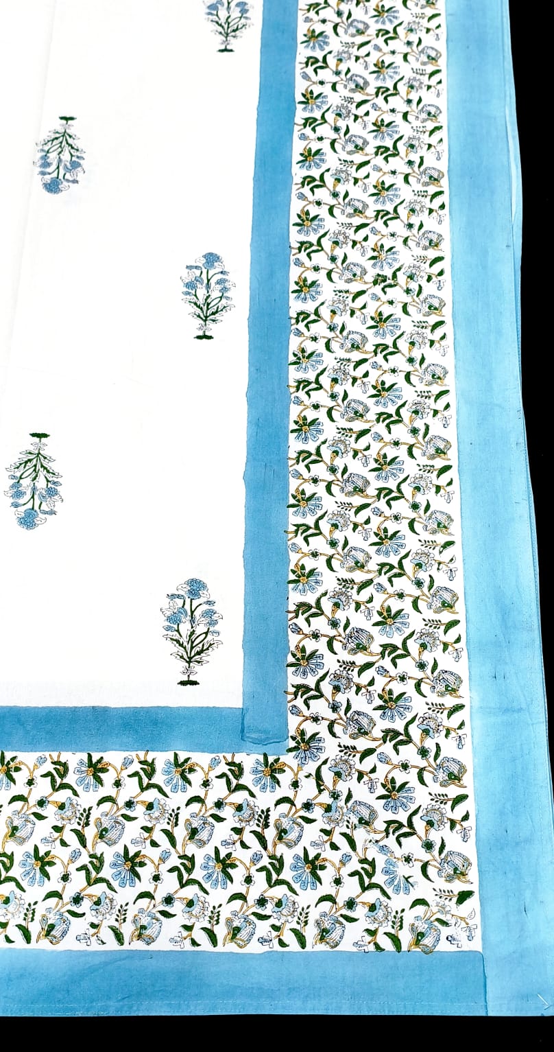 Hand block 100% cotton bedsheet light blue